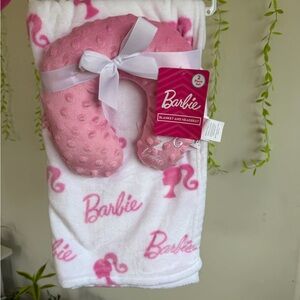 Barbie Pink and White Plush Travel Blanket + Neck Pillow Set